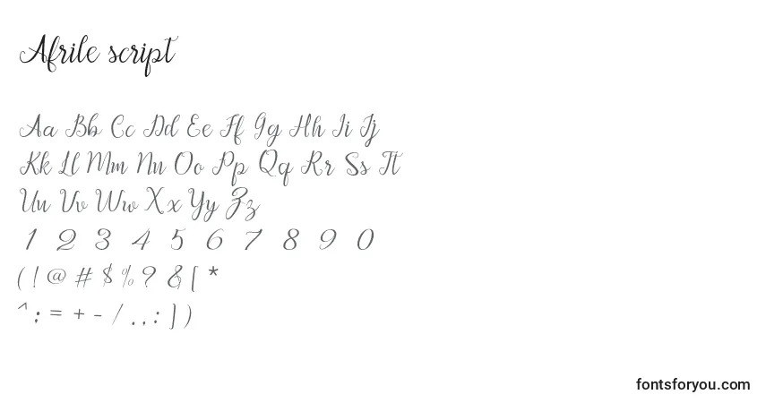 Fuente Afrile script - alfabeto, números, caracteres especiales