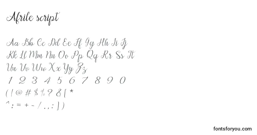 Schriftart Afrile script (118828) – Alphabet, Zahlen, spezielle Symbole