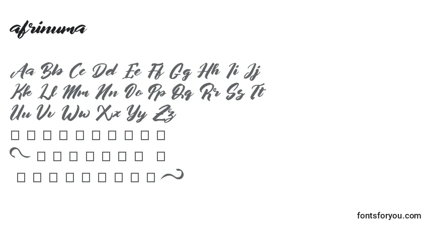 Czcionka Afrinuma – alfabet, cyfry, specjalne znaki