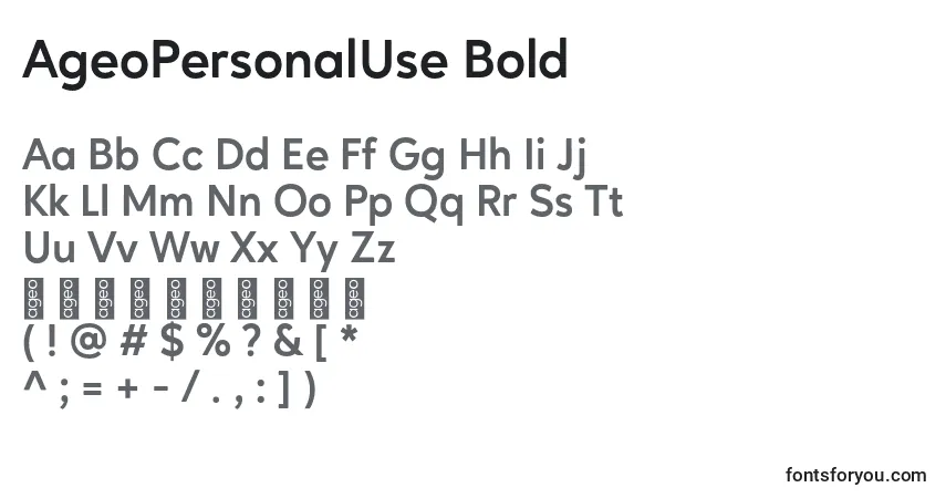 A fonte AgeoPersonalUse Bold – alfabeto, números, caracteres especiais