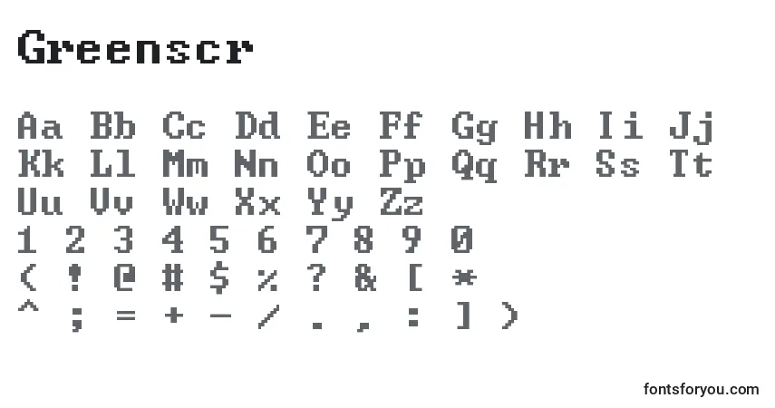 Czcionka Greenscr – alfabet, cyfry, specjalne znaki