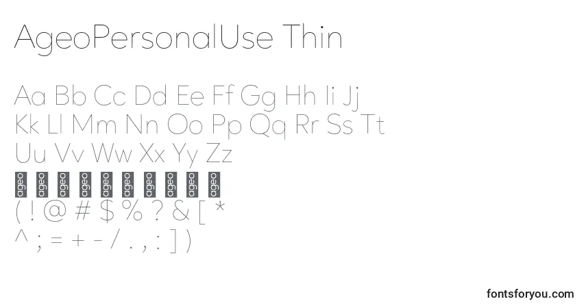 A fonte AgeoPersonalUse Thin – alfabeto, números, caracteres especiais