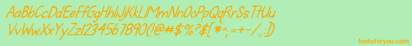 フォントKgfallforyouitalics – オレンジの文字が緑の背景にあります。