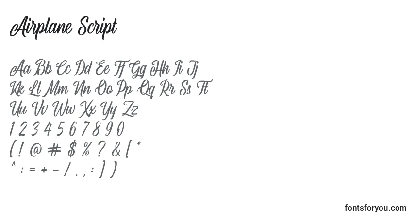 Schriftart Airplane Script – Alphabet, Zahlen, spezielle Symbole