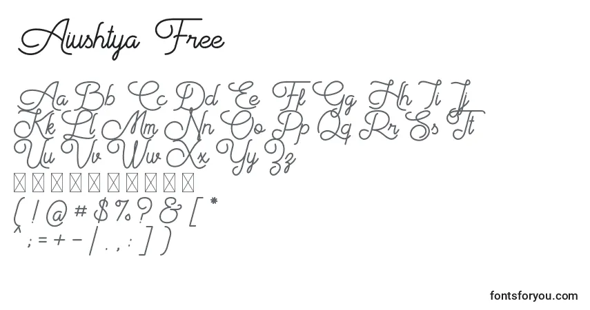 Czcionka Aiushtya Free – alfabet, cyfry, specjalne znaki