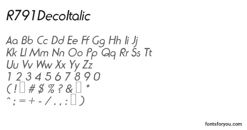 A fonte R791DecoItalic – alfabeto, números, caracteres especiais