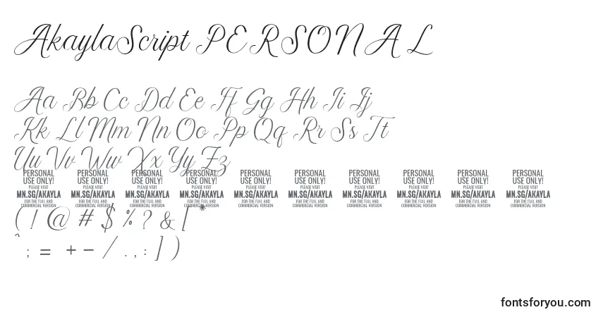 Czcionka AkaylaScript PERSONAL – alfabet, cyfry, specjalne znaki