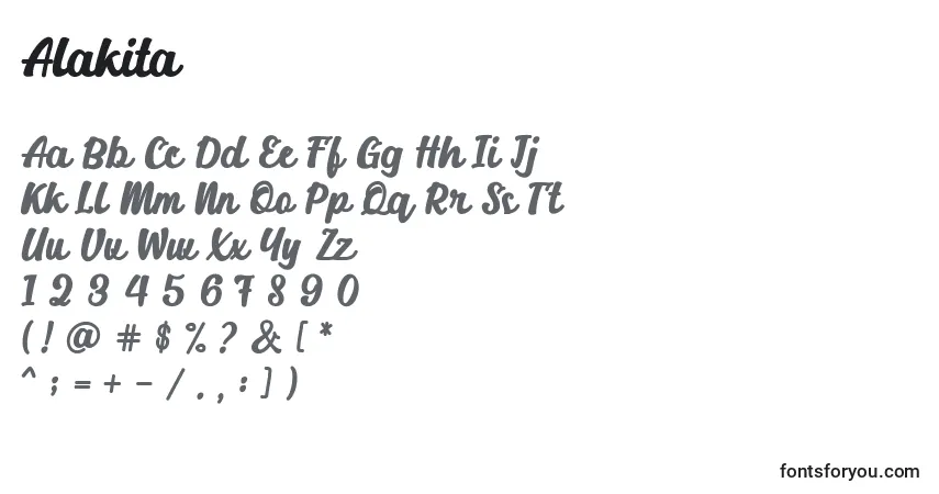 Schriftart Alakita – Alphabet, Zahlen, spezielle Symbole