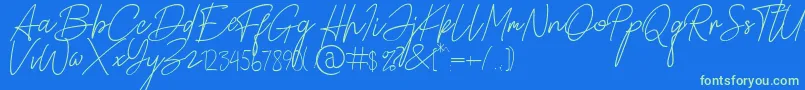 Alamanda Santika Signature-Schriftart – Grüne Schriften auf blauem Hintergrund