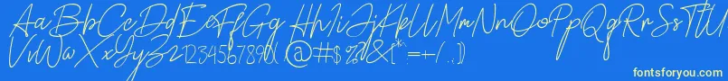 Alamanda Santika Signature-Schriftart – Gelbe Schriften auf blauem Hintergrund