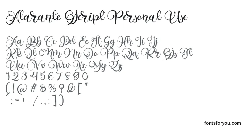 A fonte Alarante Script Personal Use – alfabeto, números, caracteres especiais