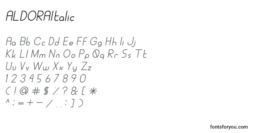 Шрифт ALDORAItalic – алфавит, цифры, специальные символы