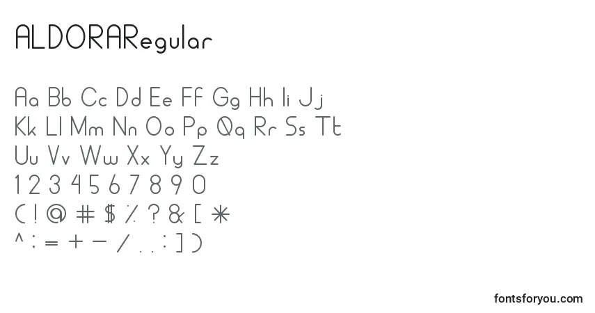 Czcionka ALDORARegular – alfabet, cyfry, specjalne znaki