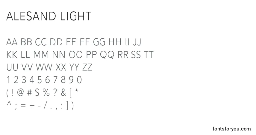 Schriftart Alesand Light – Alphabet, Zahlen, spezielle Symbole