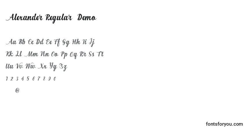 A fonte Alexander Regular  Demo – alfabeto, números, caracteres especiais