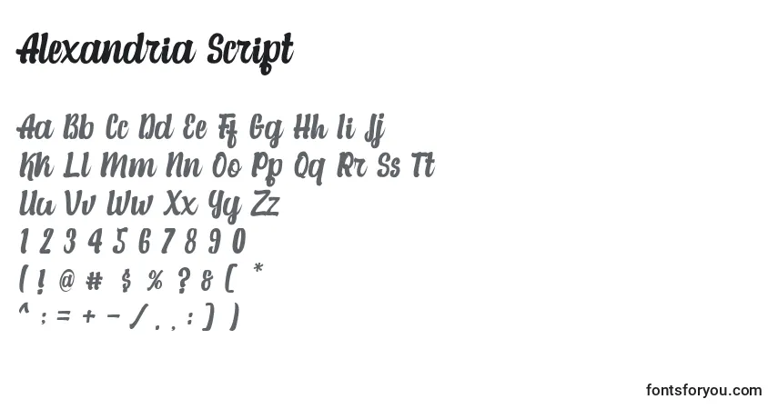 Schriftart Alexandria Script – Alphabet, Zahlen, spezielle Symbole