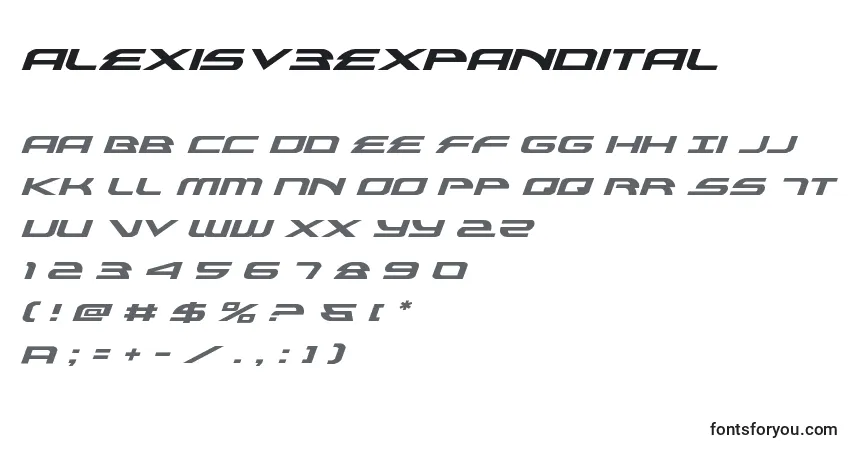 Schriftart Alexisv3expandital (119060) – Alphabet, Zahlen, spezielle Symbole