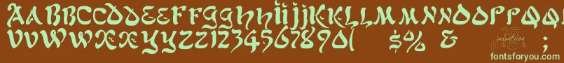 フォントAlfredDrake – 緑色の文字が茶色の背景にあります。