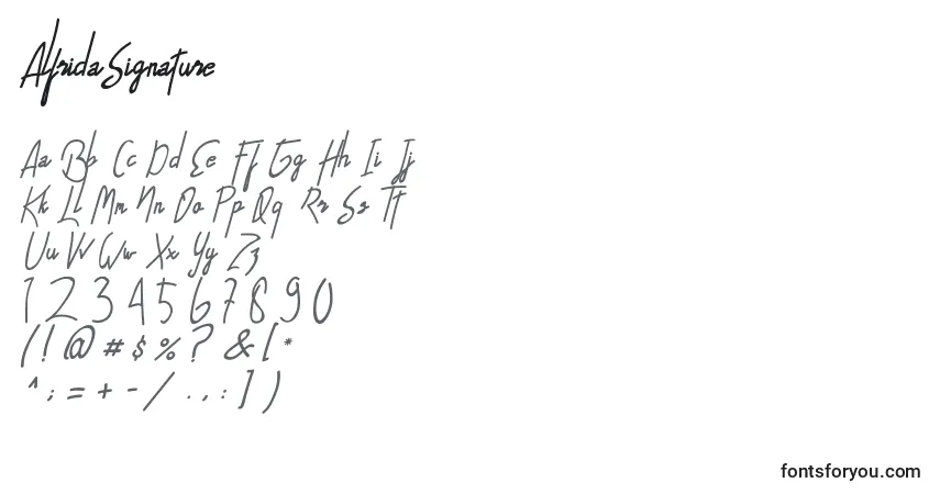 Fuente AlfridaSignature - alfabeto, números, caracteres especiales