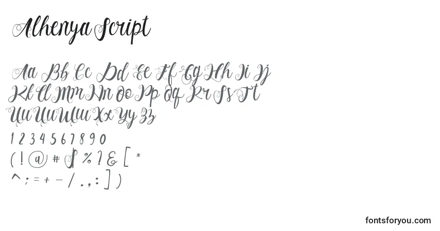 Czcionka Alhenya Script – alfabet, cyfry, specjalne znaki