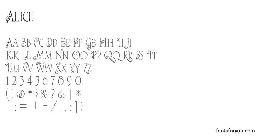 Schriftart Alice (119095) – Alphabet, Zahlen, spezielle Symbole
