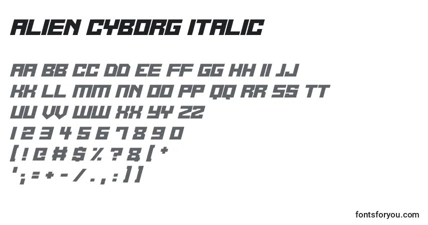 Schriftart Alien Cyborg Italic – Alphabet, Zahlen, spezielle Symbole
