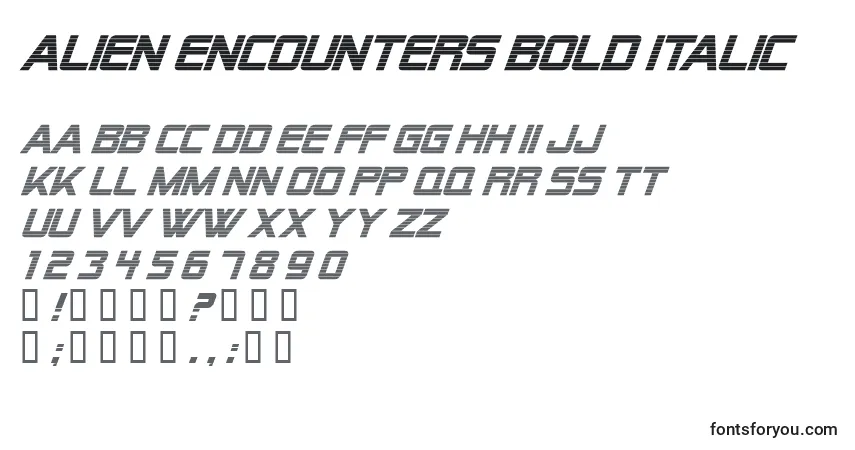 Schriftart Alien Encounters Bold Italic – Alphabet, Zahlen, spezielle Symbole