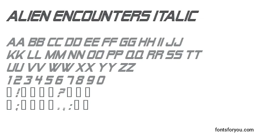 Schriftart Alien Encounters Italic – Alphabet, Zahlen, spezielle Symbole