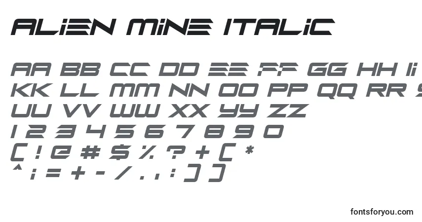 Шрифт Alien Mine Italic (119114) – алфавит, цифры, специальные символы