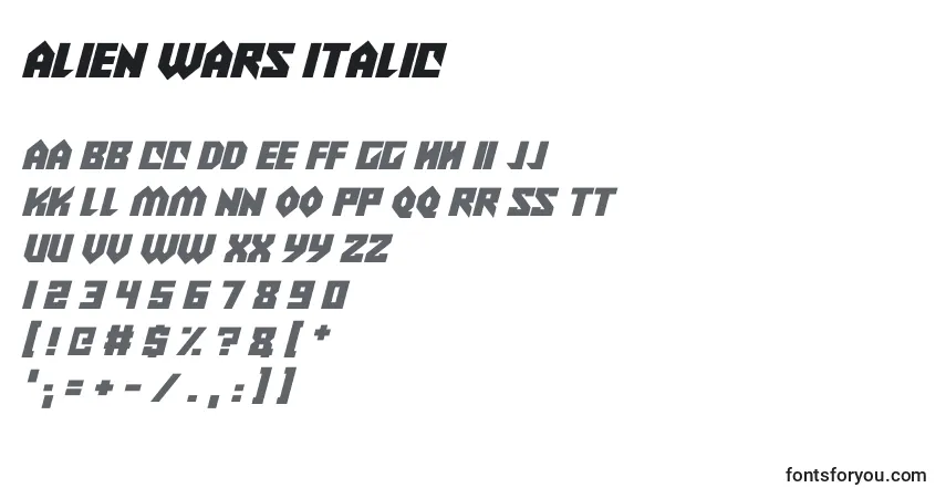 Czcionka Alien Wars Italic – alfabet, cyfry, specjalne znaki