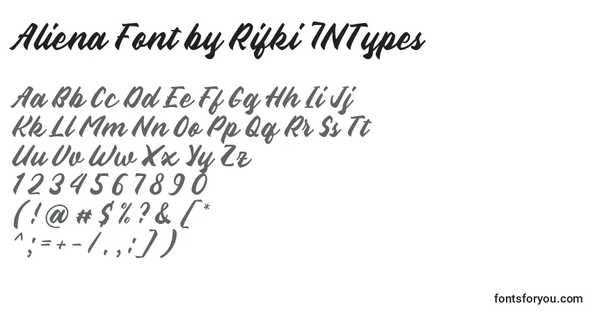 Schriftart Aliena Font by Rifki 7NTypes – Alphabet, Zahlen, spezielle Symbole