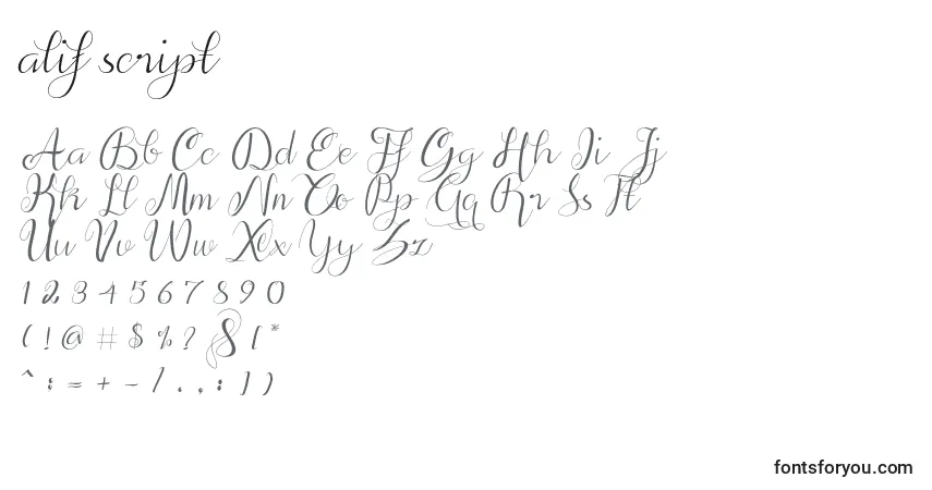 Czcionka Alif script – alfabet, cyfry, specjalne znaki