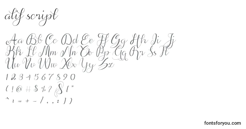 A fonte Alif script (119140) – alfabeto, números, caracteres especiais