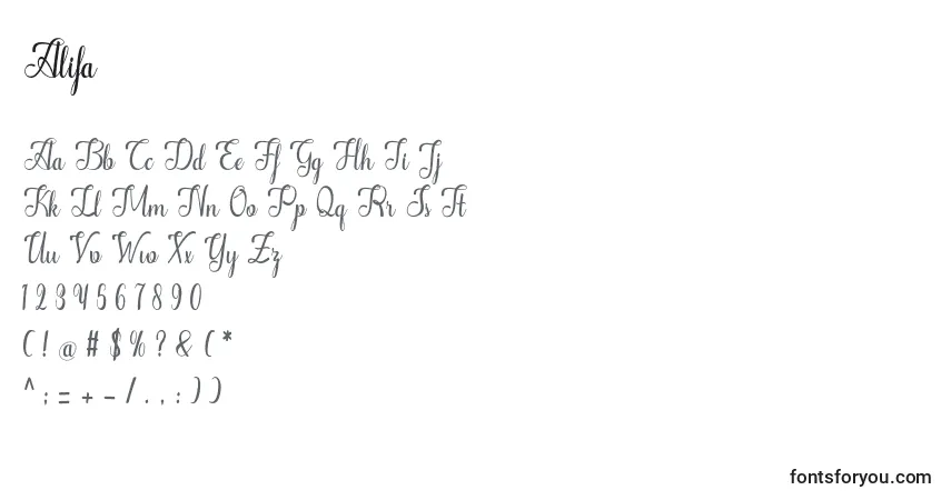 Schriftart Alifa – Alphabet, Zahlen, spezielle Symbole
