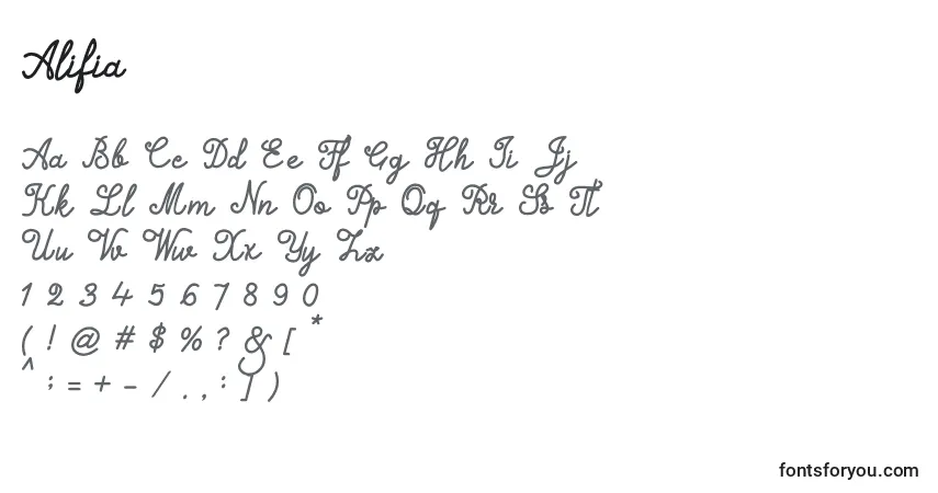 Schriftart Alifia – Alphabet, Zahlen, spezielle Symbole