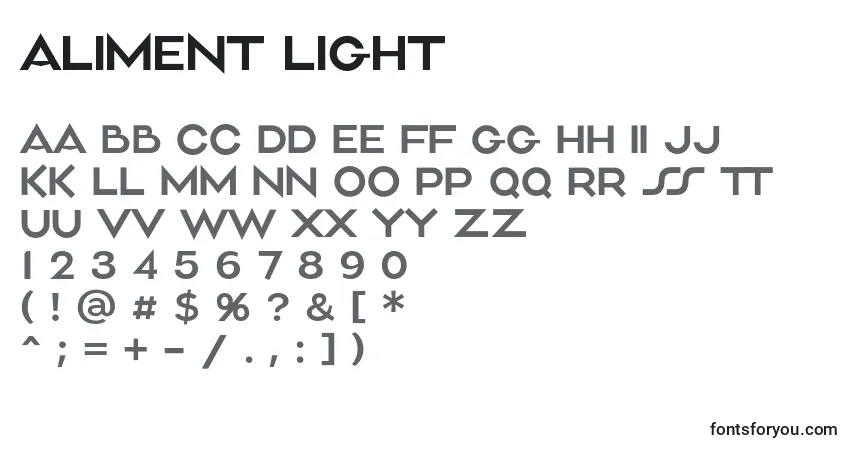 Czcionka Aliment Light – alfabet, cyfry, specjalne znaki