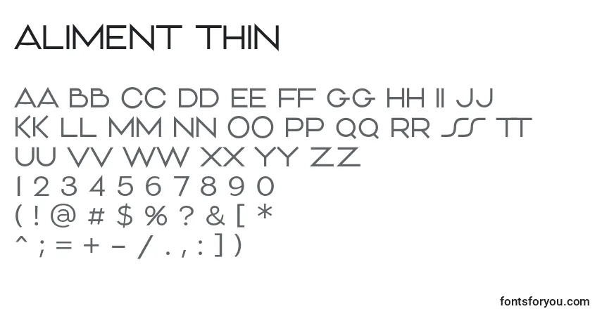 Czcionka Aliment Thin – alfabet, cyfry, specjalne znaki