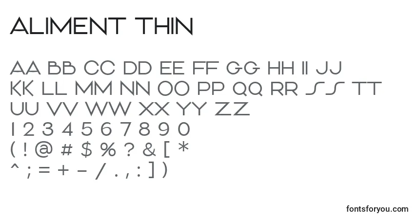Schriftart Aliment Thin (119157) – Alphabet, Zahlen, spezielle Symbole