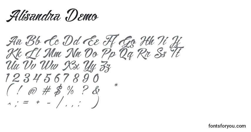 Schriftart Alisandra Demo – Alphabet, Zahlen, spezielle Symbole
