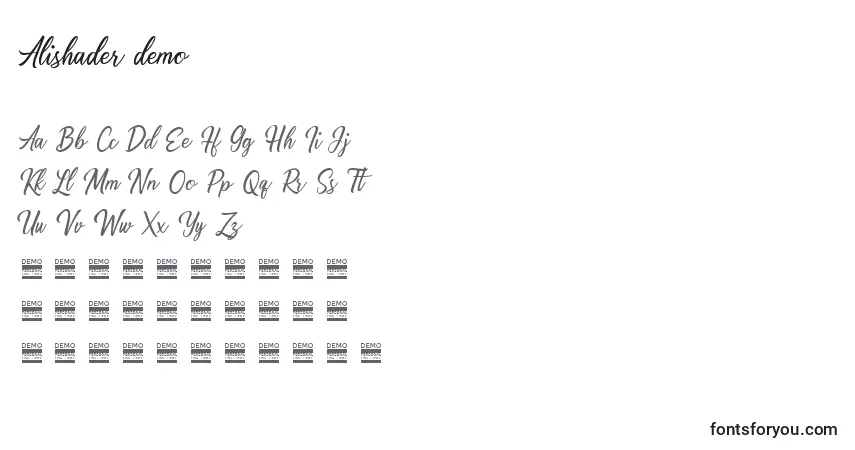 Schriftart Alishader demo – Alphabet, Zahlen, spezielle Symbole