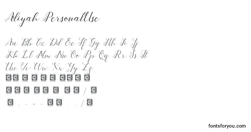 Czcionka Aliyah PersonalUse – alfabet, cyfry, specjalne znaki