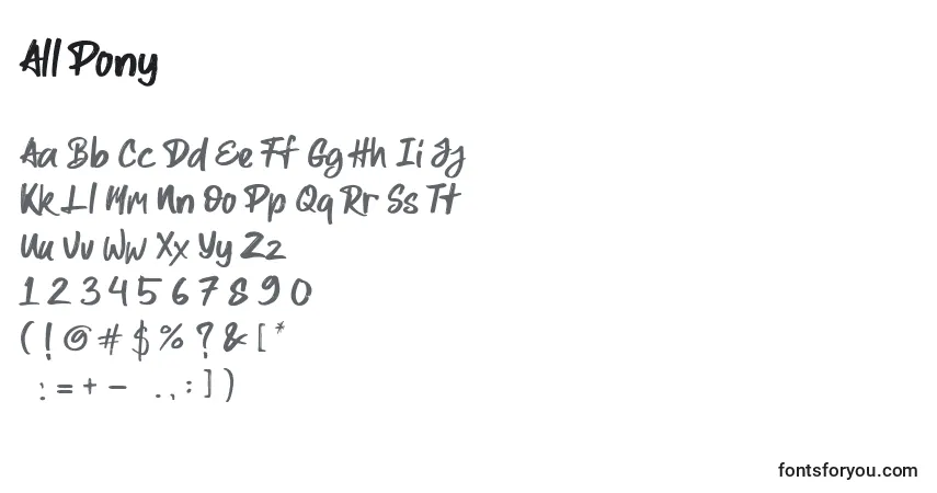 Schriftart All Pony (119180) – Alphabet, Zahlen, spezielle Symbole