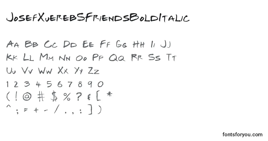 Czcionka JosefXuerebSFriendsBoldItalic – alfabet, cyfry, specjalne znaki