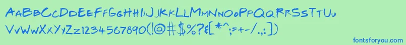 Fonte JosefXuerebSFriendsBoldItalic – fontes azuis em um fundo verde