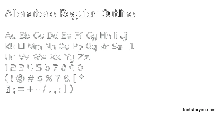 Czcionka Allenatore Regular Outline – alfabet, cyfry, specjalne znaki