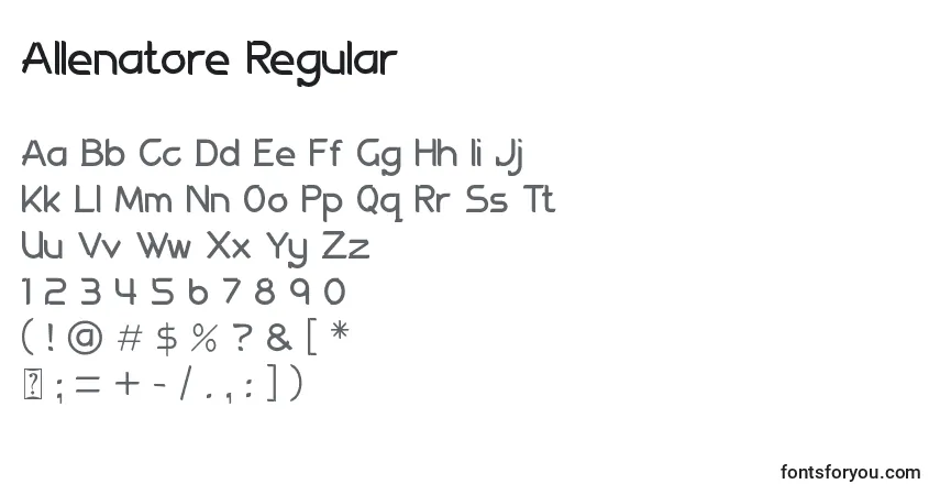 Czcionka Allenatore Regular – alfabet, cyfry, specjalne znaki
