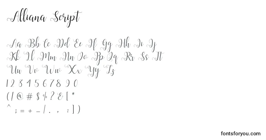 Czcionka Alliana Script  – alfabet, cyfry, specjalne znaki