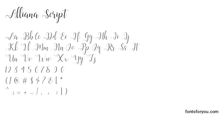Schriftart Alliana Script  (119215) – Alphabet, Zahlen, spezielle Symbole