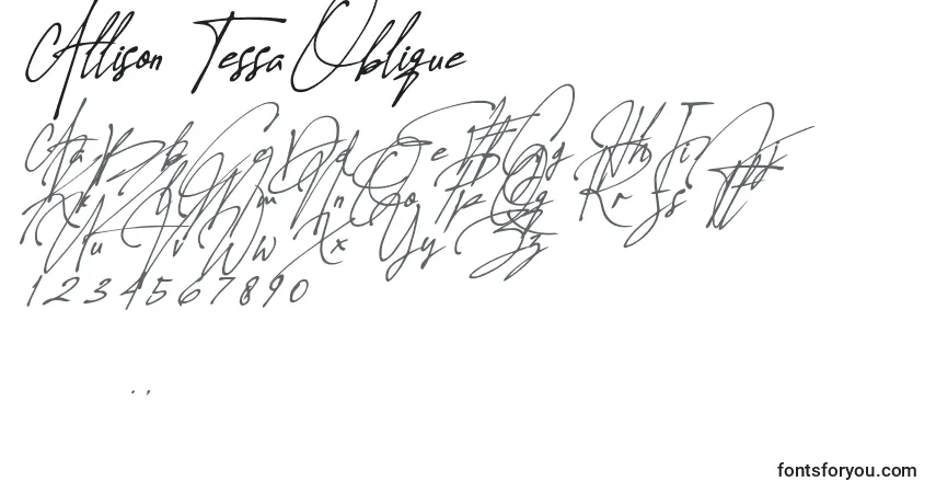Czcionka Allison Tessa Oblique – alfabet, cyfry, specjalne znaki
