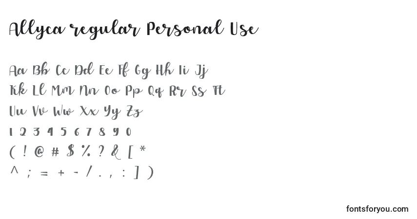 Czcionka Allyca regular Personal Use – alfabet, cyfry, specjalne znaki